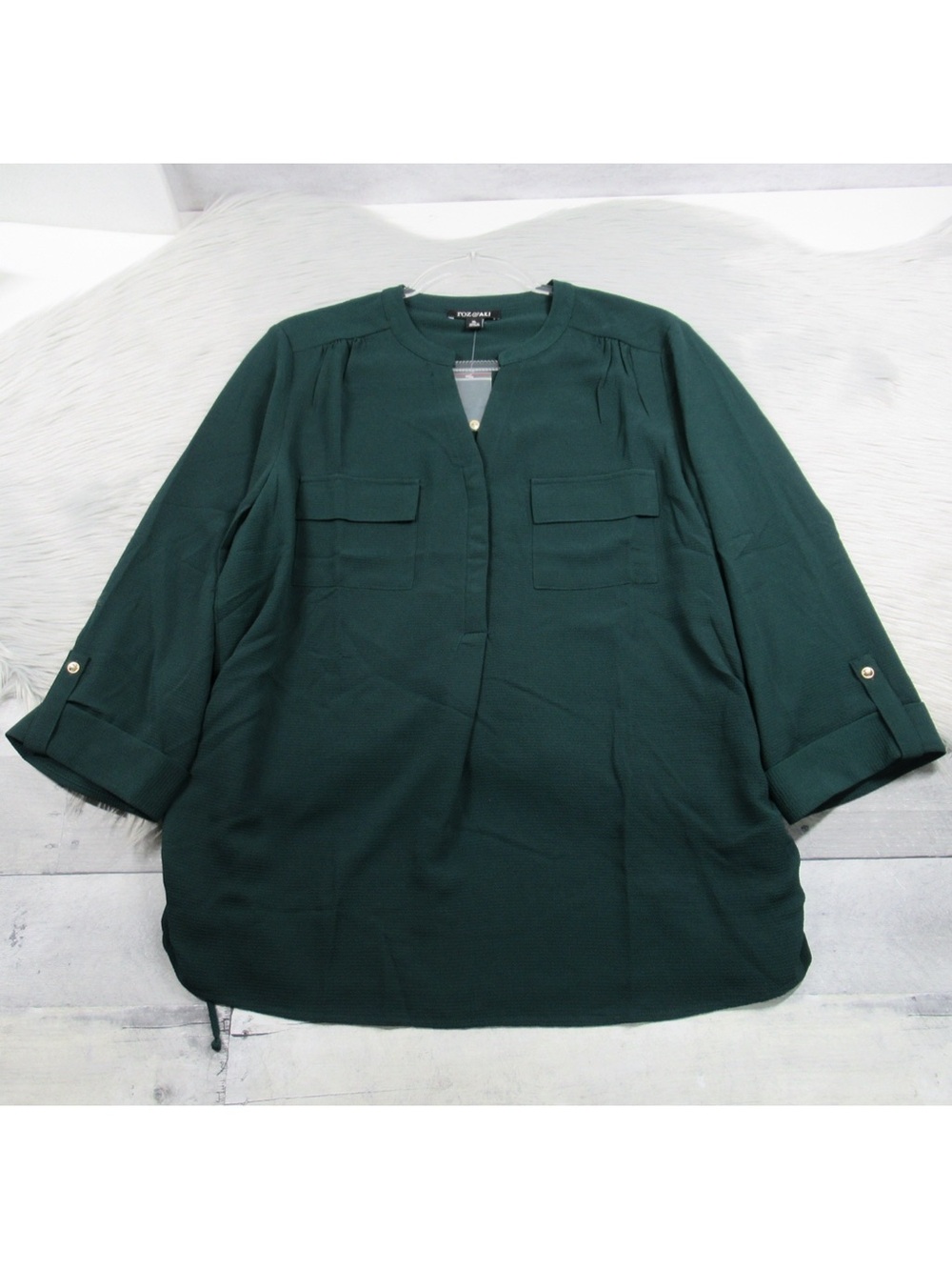 Roz & Ali Emerald Green V-Neck Popover Blouse Button-Tab Sleeve - Size XL